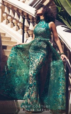 MNM COUTURE - 2416 Sleeveless Sequin Ornate Overlay Train Evening Gown