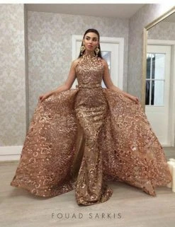 MNM COUTURE - 2416 Sleeveless Sequin Ornate Overlay Train Evening Gown