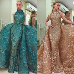 MNM COUTURE - 2416 Sleeveless Sequin Ornate Overlay Train Evening Gown