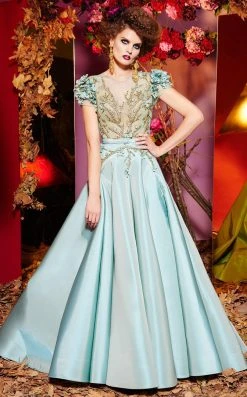 Formal Gowns MNM Couture - 2430 Floral Appliqued Short Sleeve Illusion Ballgown