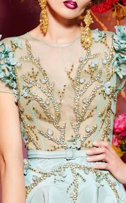 Formal Gowns MNM Couture - 2430 Floral Appliqued Short Sleeve Illusion Ballgown