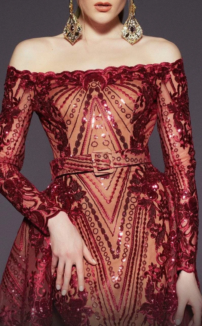 MNM Couture - 2440 Sequined Scalloped Off-Shoulder Gown With Overskirt 5 MNM Couture - 2440 Sequined Scalloped Off-Shoulder Gown With Overskirt