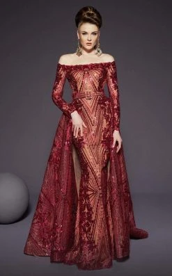 MNM Couture - 2440 Sequined Scalloped Off-Shoulder Gown With Overskirt