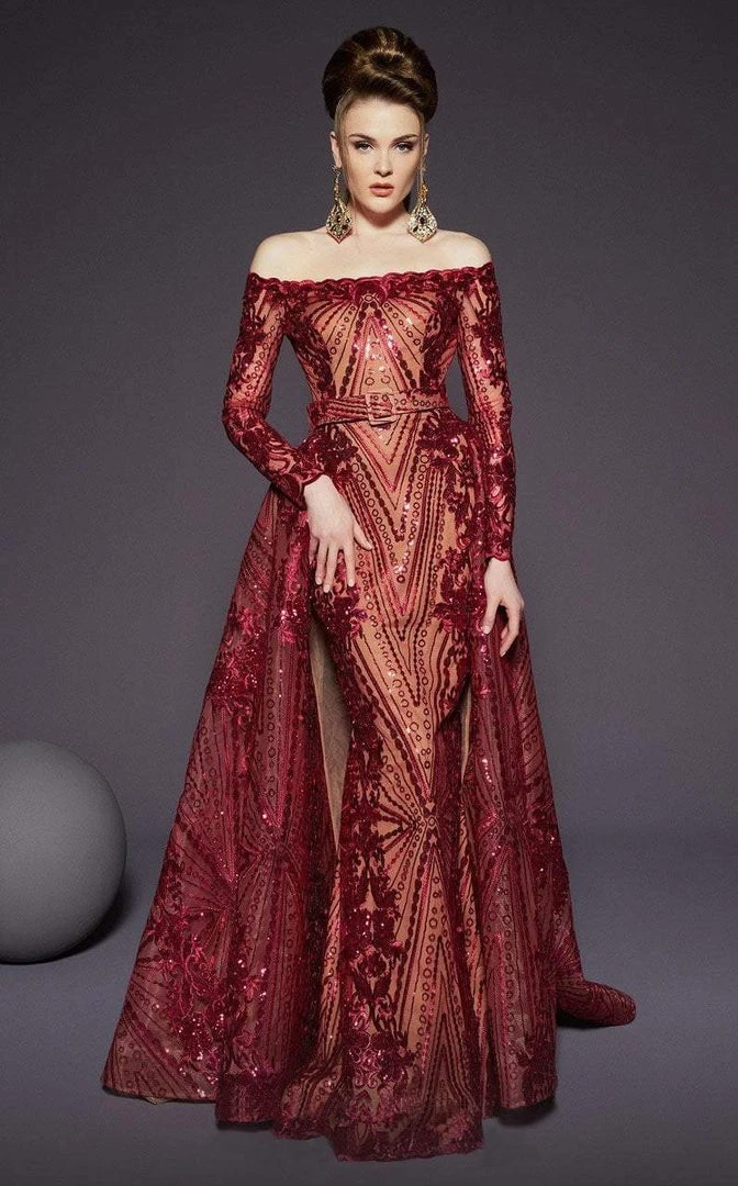 MNM Couture - 2440 Sequined Scalloped Off-Shoulder Gown With Overskirt 3 MNM Couture - 2440 Sequined Scalloped Off-Shoulder Gown With Overskirt