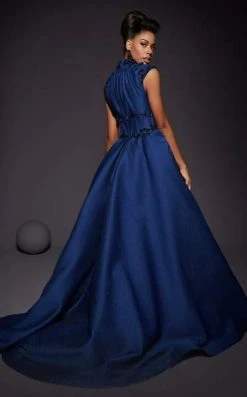 MNM COUTURE - 2444 Floral Applique High Neck Ballgown With Train Formal Gowns