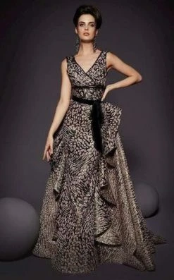 MNM COUTURE - 2446 Plunging V-Neck Leopard Print Peplum Gown