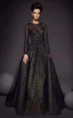 MNM COUTURE - 2449 Embellished Lace Long Sleeve Ballgown