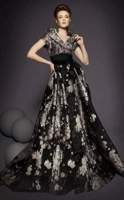 MNM COUTURE - 2453 Cap Sleeve A-line Dress With Train Formal Gowns