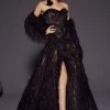 Formal Gowns MNM COUTURE - 2457 Strapless Feather-Fringed High Slit Gown