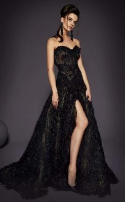 Formal Gowns MNM COUTURE - 2457 Strapless Feather-Fringed High Slit Gown 9 Formal Gowns MNM COUTURE - 2457 Strapless Feather-Fringed High Slit Gown