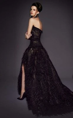 Formal Gowns MNM COUTURE - 2457 Strapless Feather-Fringed High Slit Gown 10 Formal Gowns MNM COUTURE - 2457 Strapless Feather-Fringed High Slit Gown