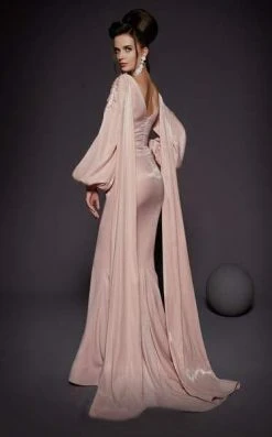 Formal Gowns MNM COUTURE - 2473 V-Neck Long Sleeves Train Evening Gown