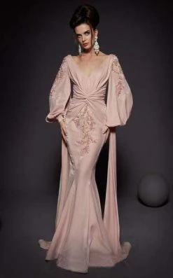 Formal Gowns MNM COUTURE - 2473 V-Neck Long Sleeves Train Evening Gown