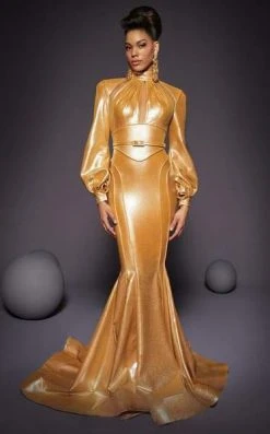 Formal Gowns MNM COUTURE - 2474 High Neck Long Sleeves Mermaid Gown