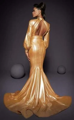 Formal Gowns MNM COUTURE - 2474 High Neck Long Sleeves Mermaid Gown