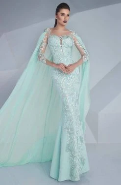 MNM Couture - Embroidered Illusion Cape Gown G0603 Formal Gowns