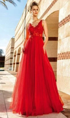 MNM COUTURE - Floral Embroidered V-neck A-line Gown F4884 - 1 Pc Red In Size 2 Available Formal Gowns