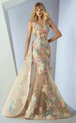 MNM Couture - G0863 Bejeweled Blossom Appliqued Mermaid Gown Formal Gowns