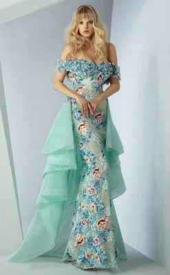 Formal Gowns MNM Couture - G0874 Floral Applique Off-Shoulder Dress With Overskirt