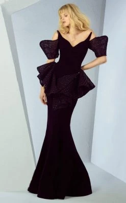 MNM Couture - G0877 Sequined Off-Shoulder Peplum Mermaid Gown