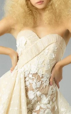 MNM Couture - G0882 Strapless Rosette Applique Peplum Long Gown