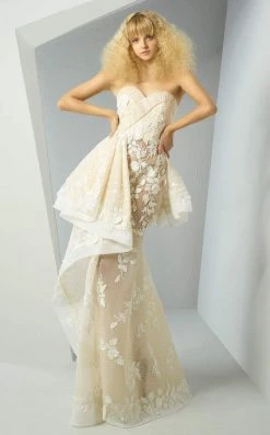 MNM Couture - G0882 Strapless Rosette Applique Peplum Long Gown