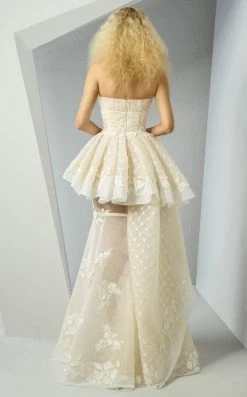 MNM Couture - G0882 Strapless Rosette Applique Peplum Long Gown