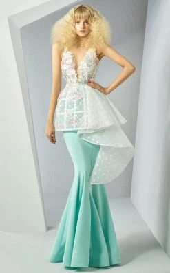 MNM Couture - G0885 Plunging Appliqued Cascading Peplum Gown Formal Gowns