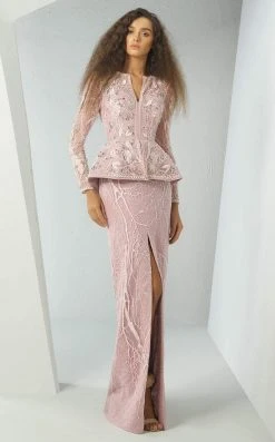 Formal Gowns MNM Couture - G0886 Long Sleeve Plunging V-Neck Split Peplum Lace Gown