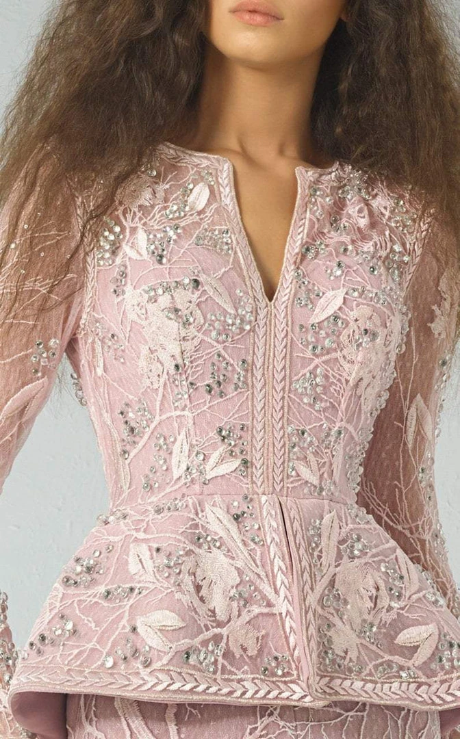 Formal Gowns MNM Couture - G0886 Long Sleeve Plunging V-Neck Split Peplum Lace Gown 5 Formal Gowns MNM Couture - G0886 Long Sleeve Plunging V-Neck Split Peplum Lace Gown