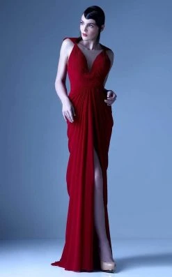 MNM Couture - G0919 Illusion V Neckline Draped Pleated Evening Dress Formal Gowns