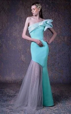 MNM COUTURE - G1010 Ruffled Asymmetric Trumpet Dress