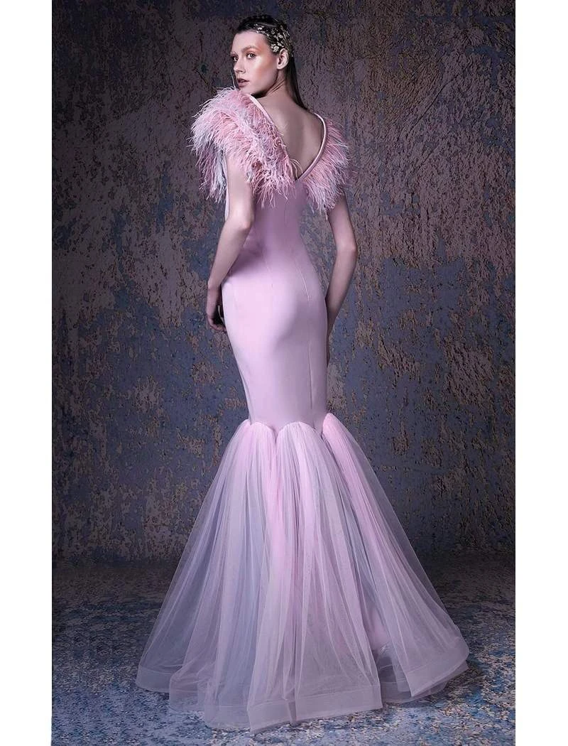 Formal Gowns MNM COUTURE - G1027 Feathered V-neck Mermaid Dress 3 Formal Gowns MNM COUTURE - G1027 Feathered V-neck Mermaid Dress