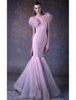 Formal Gowns MNM COUTURE - G1027 Feathered V-neck Mermaid Dress 6 Formal Gowns MNM COUTURE - G1027 Feathered V-neck Mermaid Dress