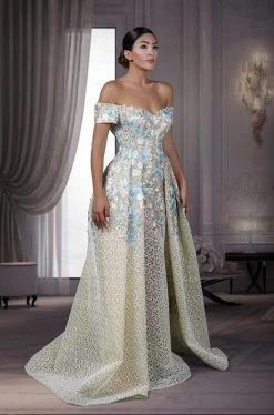 MNM Couture - K3533 Off Shoulder Floral Pleated Ballgown Formal Gowns