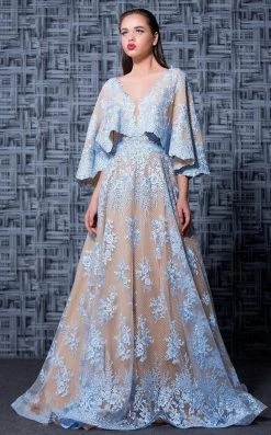 Formal Gowns MNM Couture - K3571 Floral Embroidered Deep V-neck A-line Gown