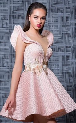 Cocktail Dresses MNM Couture - K3576 Floral Embroidered Curled Sleeve Cocktail Dress