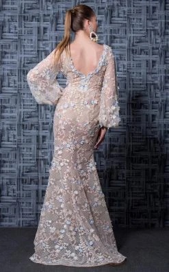 Formal Gowns MNM Couture - K3580 Bishop Sleeves Deep V-neck Sheath Gown