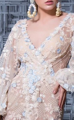 Formal Gowns MNM Couture - K3580 Bishop Sleeves Deep V-neck Sheath Gown