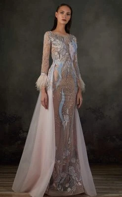 MNM COUTURE - K3668 Embroidered Long Sleeve Bateau Trumpet Dress Formal Gowns