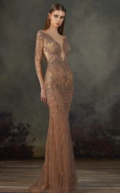 MNM COUTURE - K3720 Embellished Long Sleeve Sheath Dress Formal Gowns