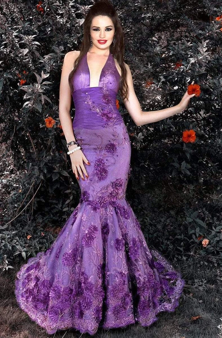 MNM Couture - KH067 Sleeveless Lace Floral Halter Mermaid Gown 3 MNM Couture - KH067 Sleeveless Lace Floral Halter Mermaid Gown