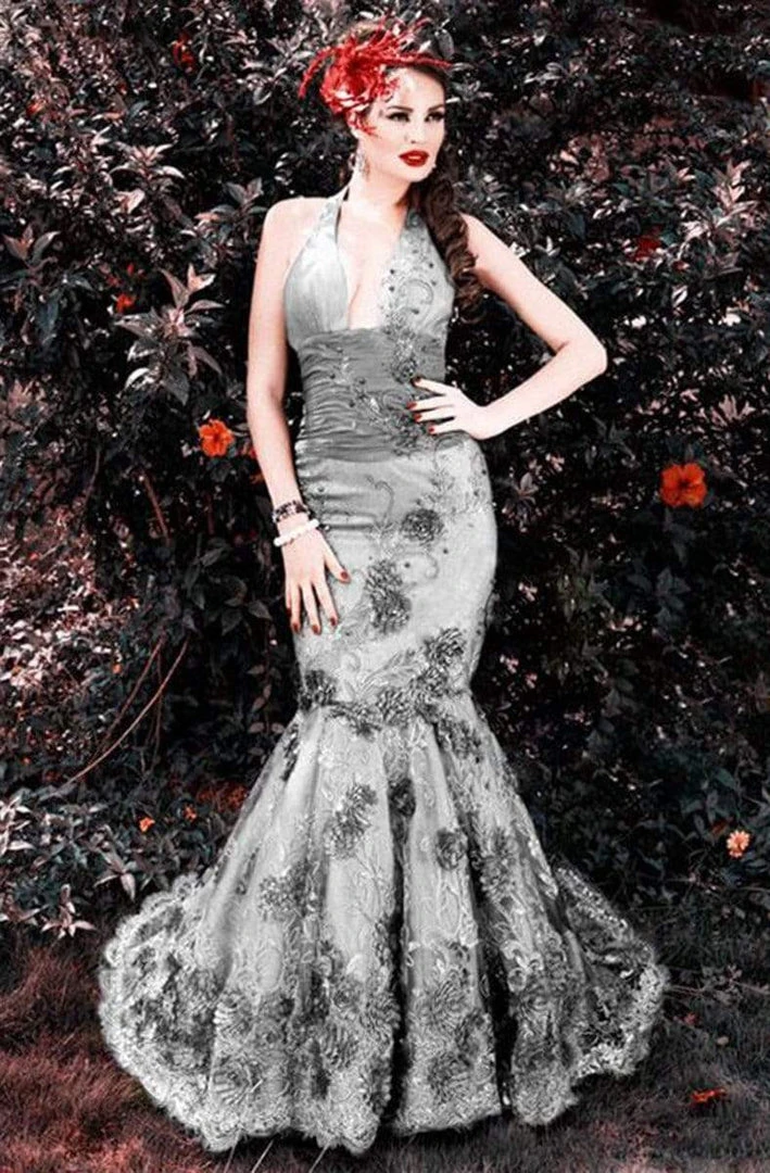 MNM Couture - KH067 Sleeveless Lace Floral Halter Mermaid Gown 5 MNM Couture - KH067 Sleeveless Lace Floral Halter Mermaid Gown