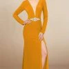 Formal Gowns MNM Couture - M0006 Long Sleeve Plunging Column Slit Dress 2 Formal Gowns MNM Couture - M0006 Long Sleeve Plunging Column Slit Dress
