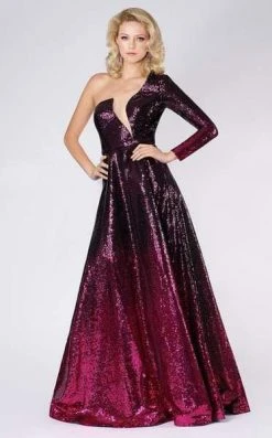 MNM COUTURE - M0039 Sequined Single Sleeve A-line Dress Formal Gowns