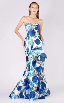 MNM COUTURE - M0055 Strapless Floral Cascading Paneled Mermaid Gown