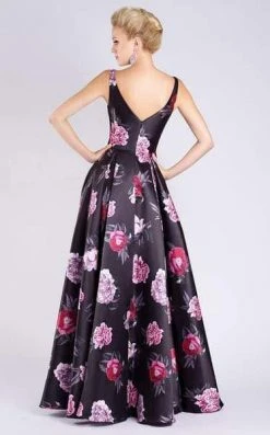 MNM COUTURE - M0063 Plunging Blossom Printed High Slit Gown