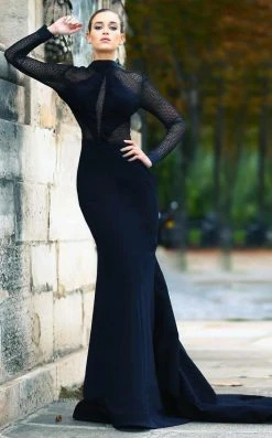 MNM Couture - N0044 Sheer Bodice Long-Sleeved Gown Formal Gowns 11 MNM Couture - N0044 Sheer Bodice Long-Sleeved Gown Formal Gowns