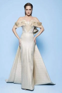 MNM Couture - N0229 Floral Beaded Off-Shoulder Column Dress