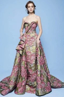 Prom Dresses MNM Couture - N0231 Folded Strapless Sweetheart Metallic Floral Gown